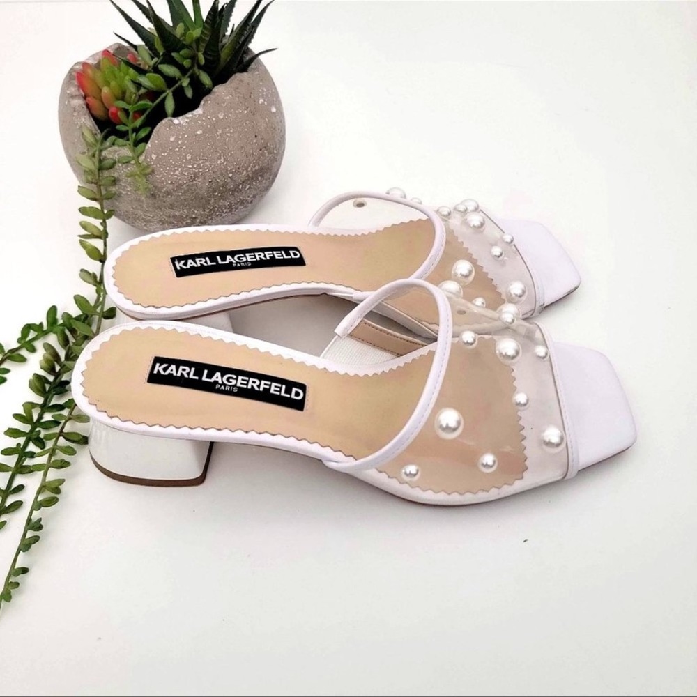 Karl Lagerfeld Paris White Clear Pearl Adorned Square
Toe Mules
